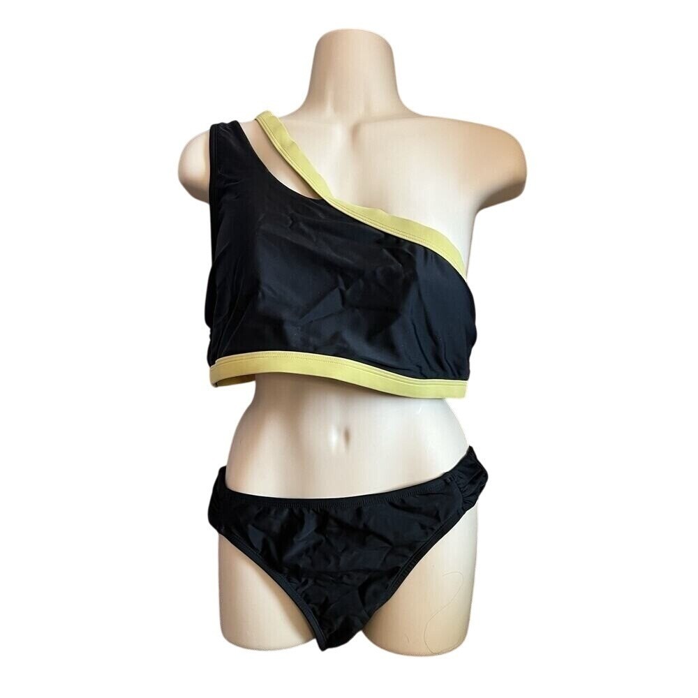 Aqua Couture Womens XL Bikini Set Black Lime Green One Shoulder Asymmetrical